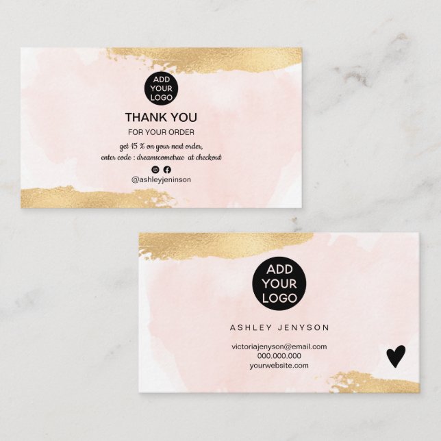 Carte De Visite Logo or brosse rose aquarelle commander merci (Devant / Derrière)