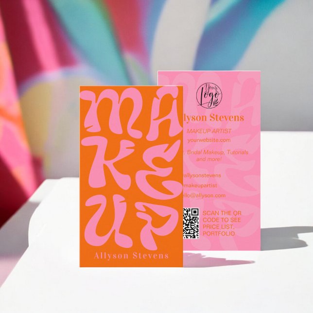 Carte De Visite Logo orange rétro super code qr maquillage (Groovy retro orange logo qr code Makeup Business Card)