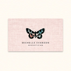 Carte De Visite Logo papillon aquarelle élégant en lin rose