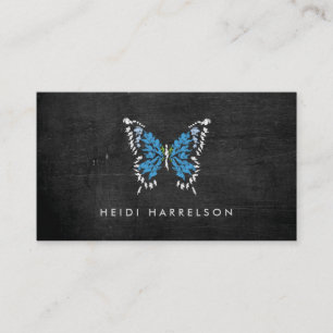 Carte De Visite Logo Papillon peint en bleu sur bois noir