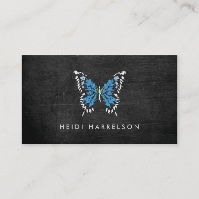 Carte De Visite Logo Papillon peint en bleu sur bois noir (Devant)