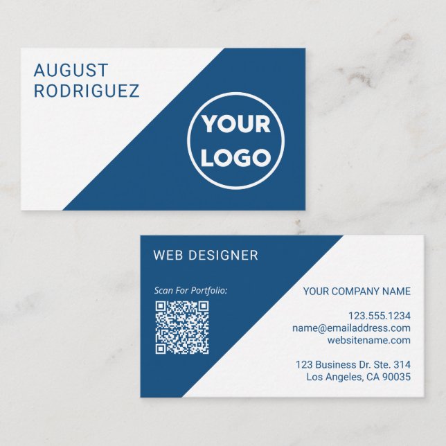 Carte De Visite Logo personnalisable QR Code bleu blanc géométriqu (Devant / Derrière)
