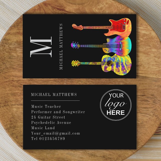 Carte De Visite Logo personnalisé de l'enseignant de guitare éléga (Stylish guitar teacher musician custom logo business card)