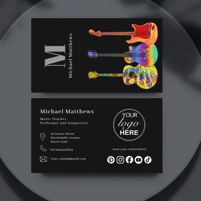 Carte De Visite Logo personnalisé de l'enseignant de guitare et mé (Modern guitar teacher social media custom logo business card black)