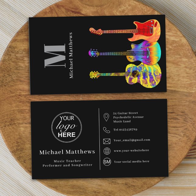 Carte De Visite Logo personnalisé de l'enseignant de guitare Icône (Modern guitar music teacher professional musician logo and social media black and white Business )