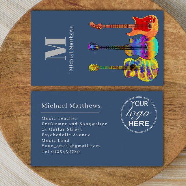 Carte De Visite Logo personnalisé de l'enseignant de musique guita (Guitar teacher custom logo business card with colorful guitars on a modern blue background )