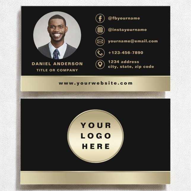 Carte De Visite Logo personnalisé Elegant Black Gold Photo (Créateur téléchargé)