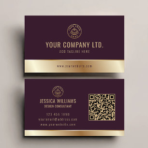 Carte De Visite Logo personnalisé Elegant Burgundy Gold QR Code