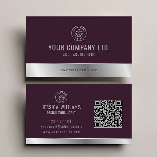 Carte De Visite Logo personnalisé Elegant Burgundy Silver QR Code