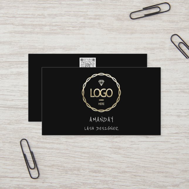 Carte De Visite Logo personnalisé Médias sociaux QR Code Or Noir (Devant/Arrière en situation)