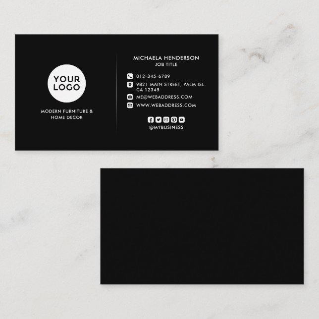 Carte De Visite Logo personnalisé moderne noir et blanc & Sociales (Devant / Derrière)