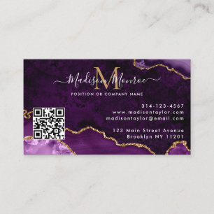 Carte De Visite Logo personnalisé Purple Gold QR Code Agate Monogr