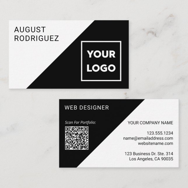 Carte De Visite Logo personnalisé QR Code noir blanc géométrique (Devant / Derrière)
