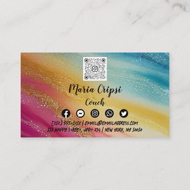 Carte De Visite Logo personnalisé QR Code Rainbow Gold Social Medi (Dos)