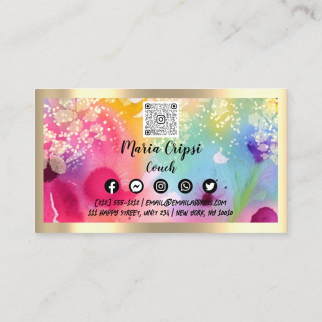 Carte De Visite Logo personnalisé QRCode Aquarelle or Confetti soc (Dos)