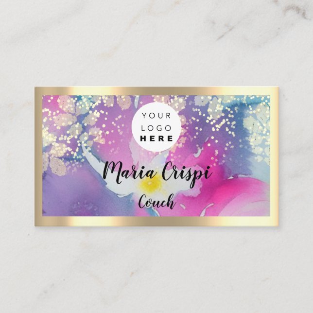 Carte De Visite Logo personnalisé QRCode Social Gold Rose Aquarell (Devant)