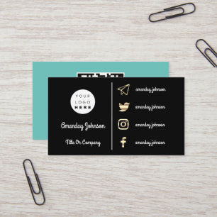 Carte De Visite  Logo personnalisé Social Media Gold QR Code Aqua