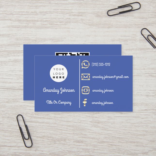 Carte De Visite Logo personnalisé Social Media Gold QR Code bleu (Devant/Arrière en situation)