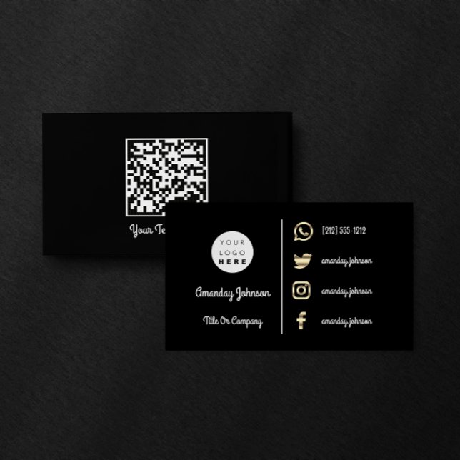 Carte De Visite Logo personnalisé Social Media Gold QR Code noir b (Custom Logo Social Media Gold QR Code Black White Business Card)