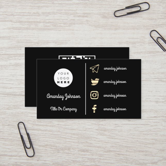Carte De Visite Logo personnalisé Social Media Gold QR Code noir b (Devant/Arrière en situation)