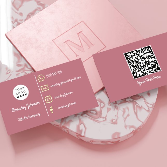 Carte De Visite Logo personnalisé Social Media Gold QR Code Rose (Créateur téléchargé)
