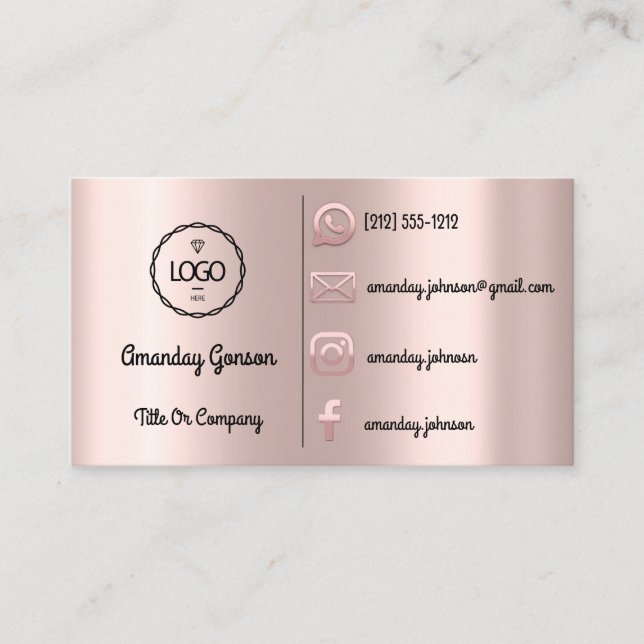 Carte De Visite Logo personnalisé Social Media Gold QR Code Rose B (Devant)