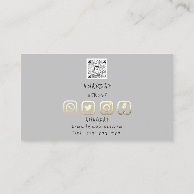 Carte De Visite Logo personnalisé Social Media QR Code Gold Grey (Dos)