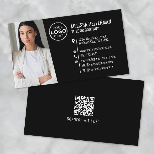 Carte De Visite Logo photo Black Modern Professional QR Code (Black Modern Professional QR Code Photo Logo Business Card)