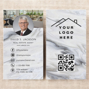 Carte De Visite Logo photo de l'agent immobilier en marbre QR Code