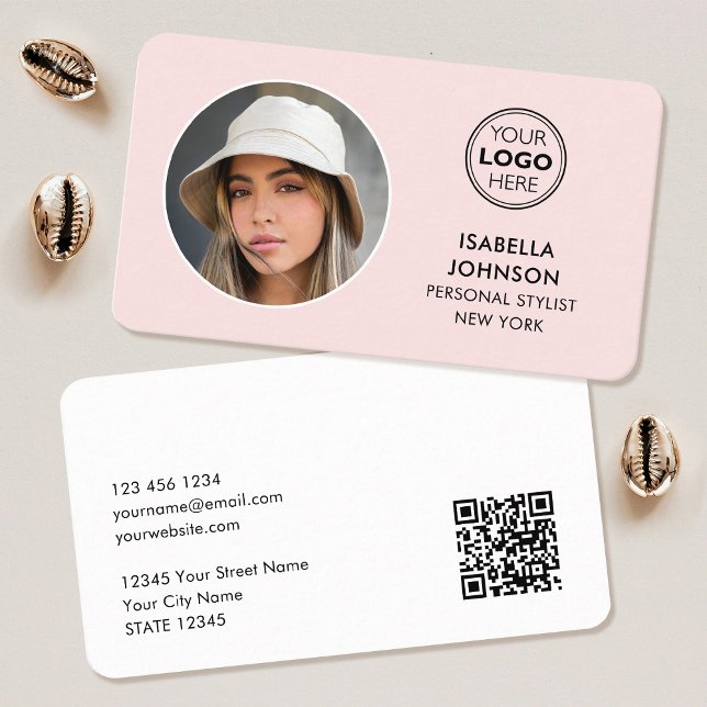 Carte De Visite Logo photo minimaliste moderne QR Code rose pâle (Créateur téléchargé)
