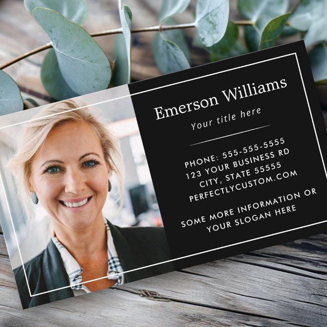 Carte De Visite Logo photo personnalisée blanc mince bordure éléga (Custom photo logo white thin border elegant black business card)