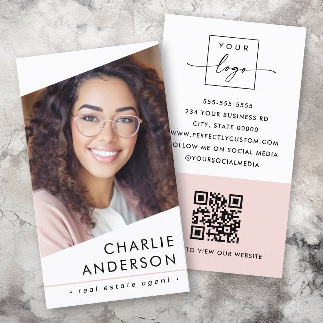 Carte De Visite Logo photo QR code moderne blanc professionnel (Photo logo QR code modern white professional Business Card)