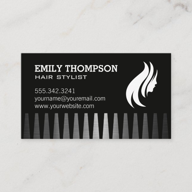 Carte De Visite Logo pour cheveux | Comb | Arrière - plan métalliq (Devant)