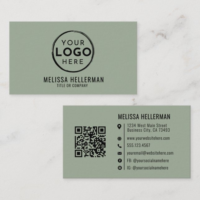 Carte De Visite Logo Professionnel Code QR Vert Sauge (Devant / Derrière)