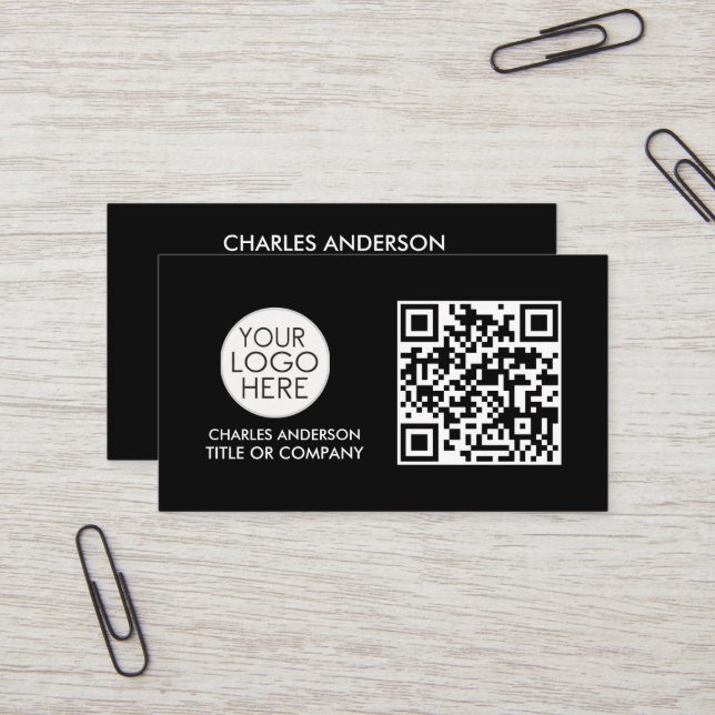 Carte De Visite Logo professionnel du code QR | Blanc noir profess (Devant/Arrière en situation)