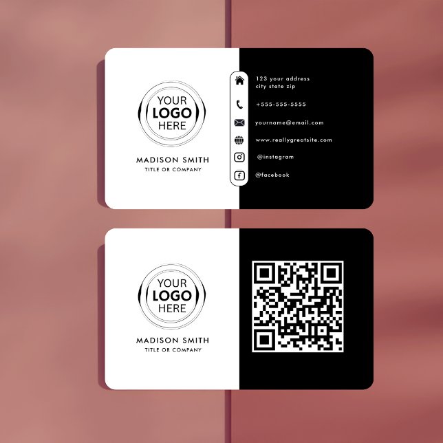 Carte De Visite Logo professionnel du code QR | Noir et blanc (Créateur téléchargé)