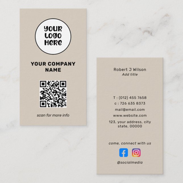 Carte De Visite Logo professionnel minimal Code QR Médias sociaux (Devant / Derrière)