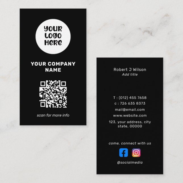 Carte De Visite Logo professionnel minimal Code QR Médias sociaux (Devant / Derrière)