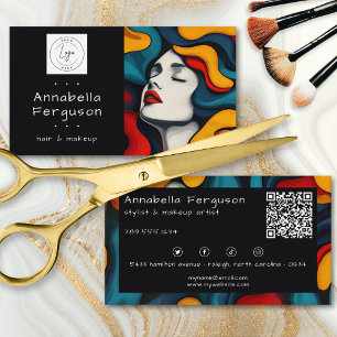 Carte De Visite Logo QR Art Pop Moderne Rétro Couleur Cheveux Maqu