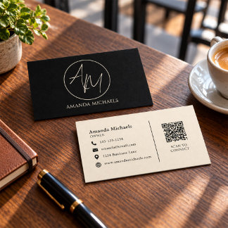 Carte De Visite Logo QR Code personnalisé en ivoire noir moderne