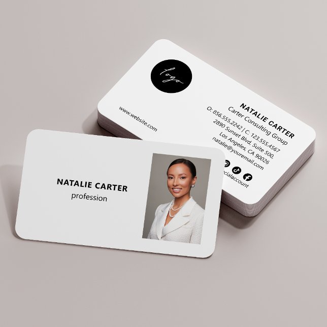 Carte De Visite Logo QR CODE Portrait photo professionnel Blanc (Créateur téléchargé)