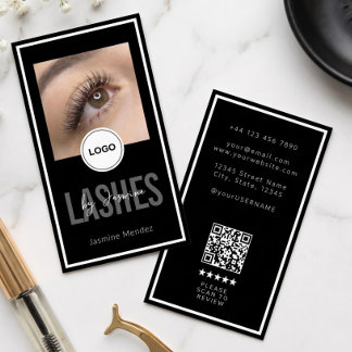 Carte De Visite Logo QR Moderne Avis Artiste de Cils Noir Blanc