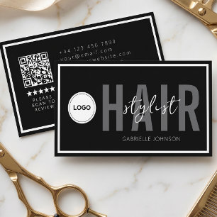 Carte De Visite Logo QR Moderne Avis Coiffeur Cheveux Blancs 