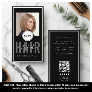 Carte De Visite Logo QR Moderne Avis Coiffeur Cheveux Noirs Blancs