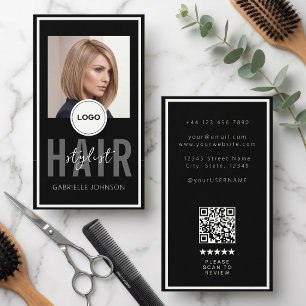 Carte De Visite Logo QR Moderne Avis Coiffeur Cheveux Noirs Blancs