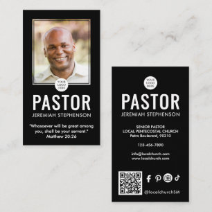Carte De Visite Logo QR photo noir moderne pour pasteur d'église