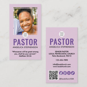 Carte De Visite Logo QR photo violet lilas moderne Église Pasteur