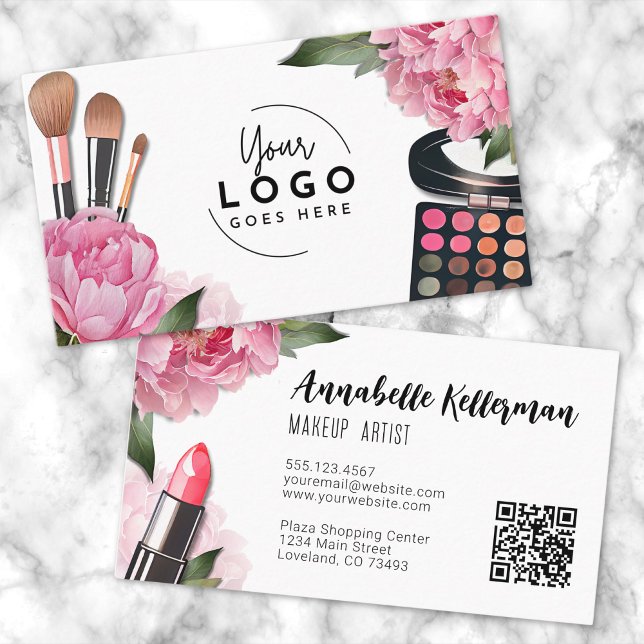 Carte De Visite Logo rose Artiste maquillage de beauté (Pink Logo Beauty Makeup Artist Business Card)