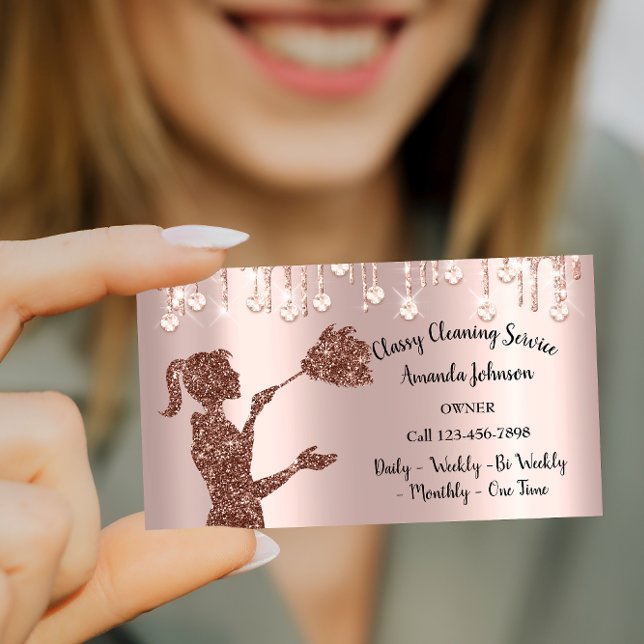 Carte De Visite Logo Rose des services de nettoyage classique Lect (Classy Cleaning Services Rose Logo Maid Drips Business Card)
