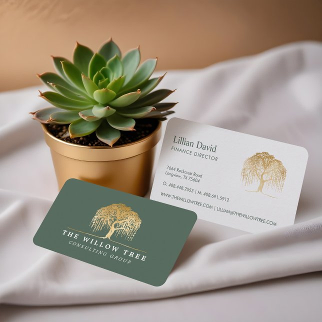 Carte De Visite Logo Rustic Modern Green & Gold Willow Tree (Rustic Modern Green & Gold Willow Tree Logo Business Card)